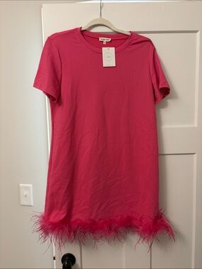 Main Strip Hot Pink Feather Hem T-Shirt Dress